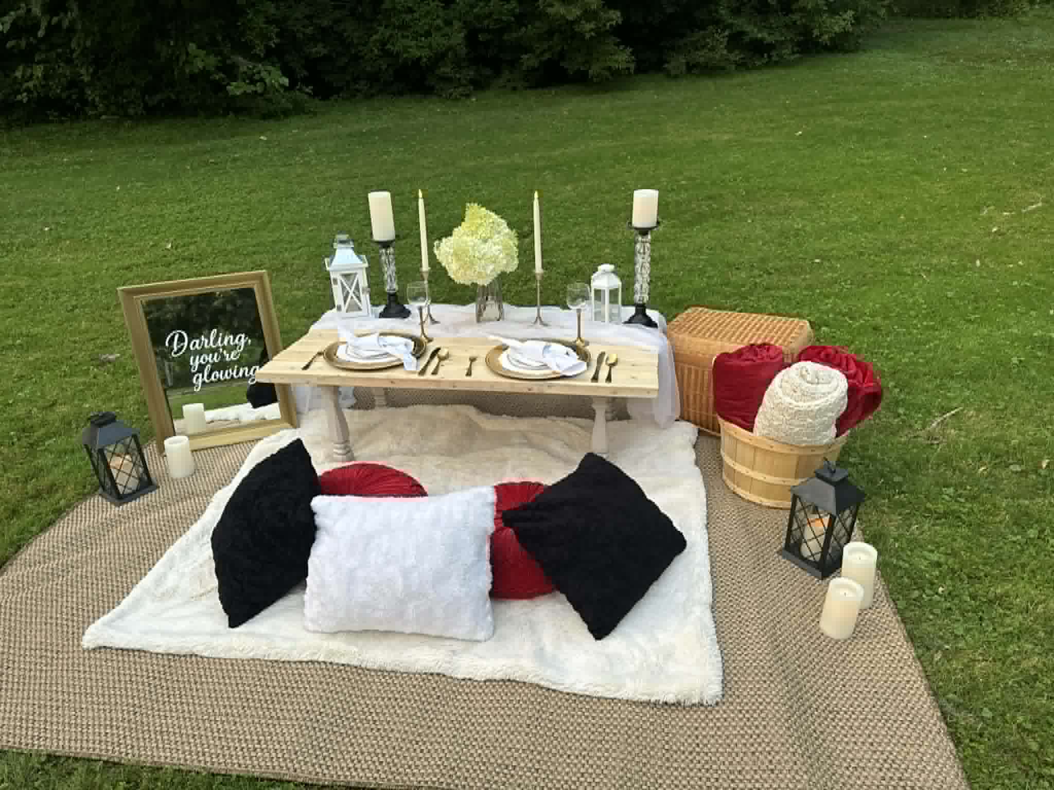 The Golden Glow picnic setup with fuller styling and added warmth
